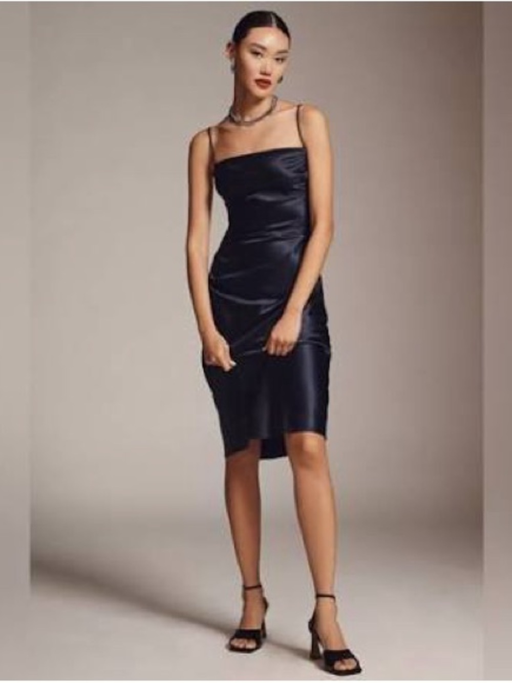 BHLDN Emery Square-Neck Stretch Satin Midi Dress (Navy)
